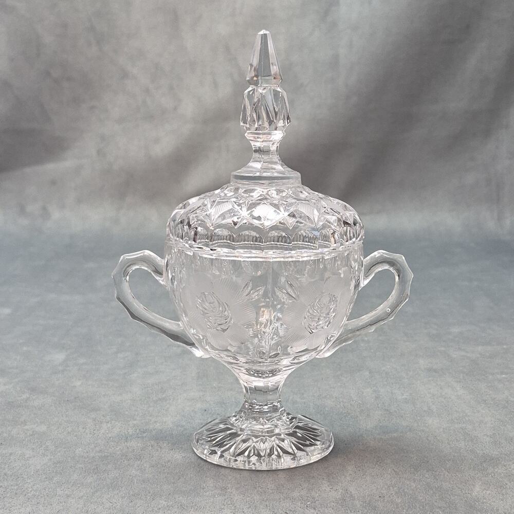 Vintage Cut Crystal Lidded Sugar Bowl Candy Dish Etched Rose Footed Handled 8"
